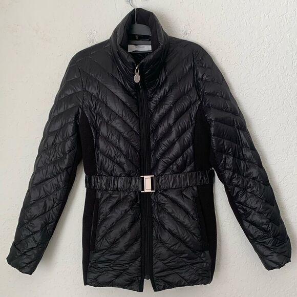 Tahari Puffer Black Womens Coat Zip Pockets Belt Jacket Size M - Picture 1 of 12